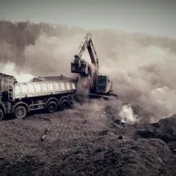 Koparka nabiera ziemię do wywrotki na tle zalesionego wzgórza, w powietrzu unosi się pył.