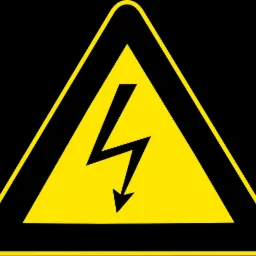 Żółty trójkąt ostrzegawczy z czarnym symbolem błyskawicy na czarnym tle.