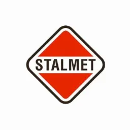 Logo firmy STALMET w czerwonym rombie z czarną obwódką na białym tle. Nazwa firmy zapisana białymi literami wewnątrz rombu.