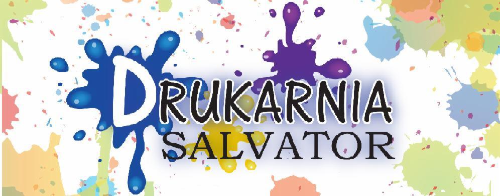 Kolorowe logo Drukarni Salvator z plamami farb w tle, prezentujące kreatywne podejście do usług drukarskich. Dynamiczny design.