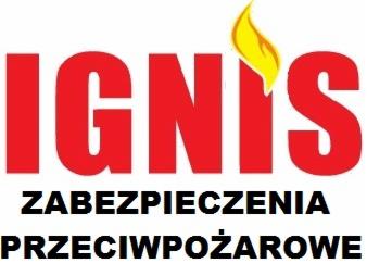 Czerwony logotyp firmy IGNIS Zabezpieczenia Przeciwpożarowe z płomieniem nad napisem IGNIS. Tekst w dwóch wierszach, czcionka pogrubiona, krój bezszeryfowy.