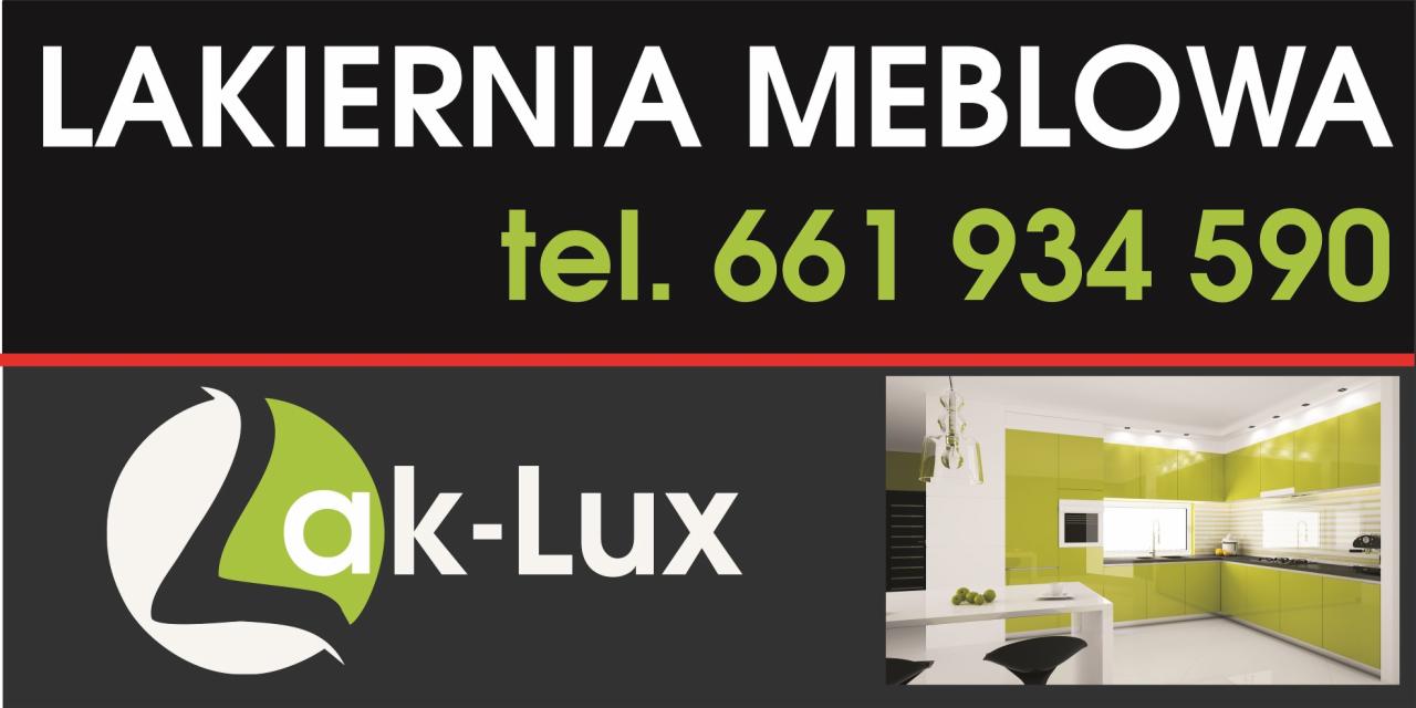 Lakiernia Meblowa Lak-Lux: logo firmy z numerem telefonu i wizualizacja kuchni z zielonymi frontami. Nowoczesne meble kuchenne, jasne wnętrze z wyspą.