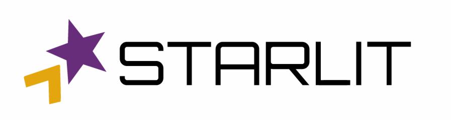 Logo firmy Starlit: fioletowa gwiazda, złoty element graficzny i czarny, futurystyczny napis 'STARLIT' na białym tle.