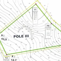 Skan mapy geodezyjnej z zaznaczonym obszarem 'POLE III' ograniczonym zieloną linią i żółtym obrysem, z naniesionymi punktami pomiarowymi o numerach 11, 12, 13, 14 oraz P6, zawierająca dane liczbowe...