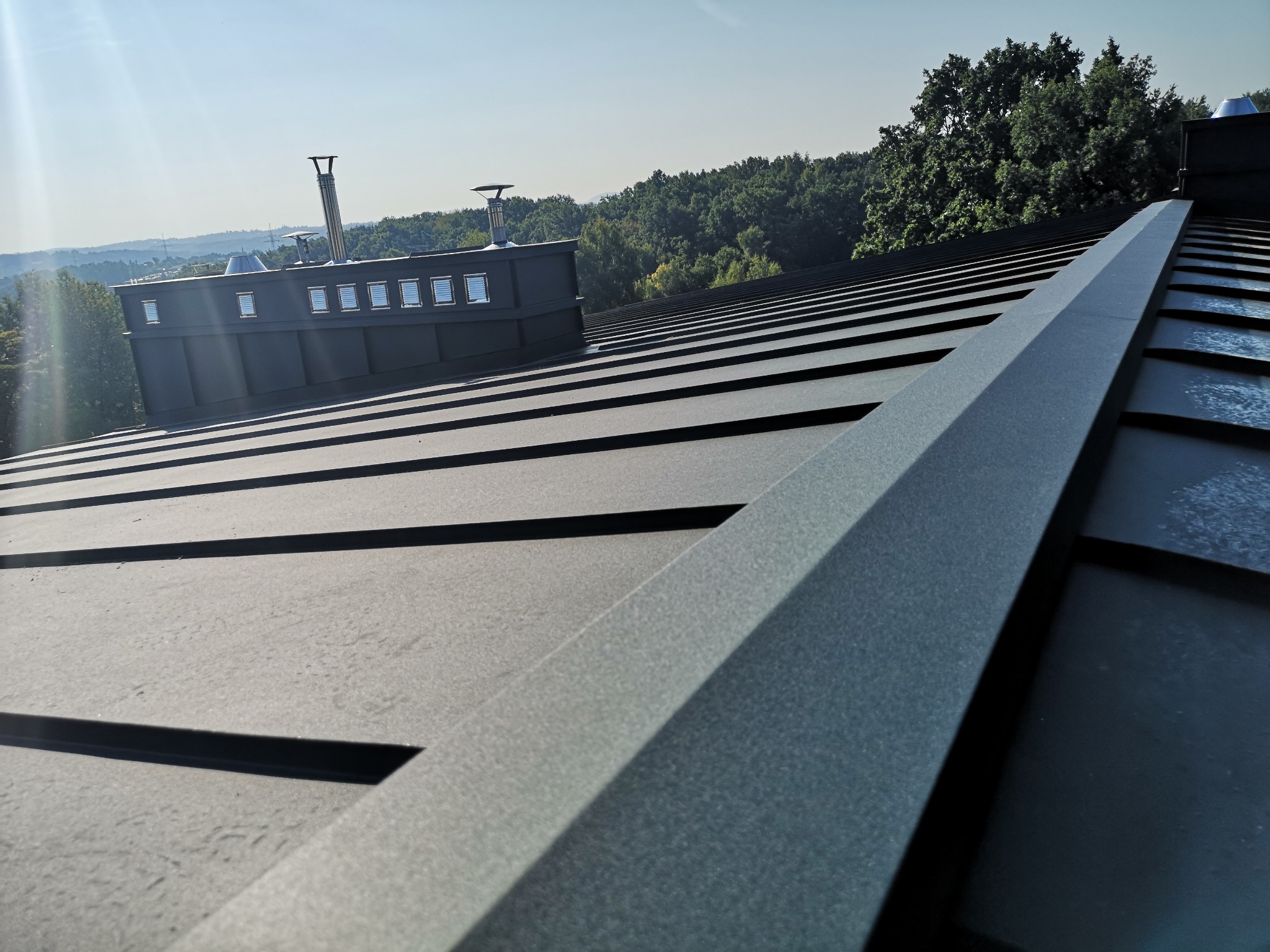 Nowoczesny dach z blachy na rąbek stojący w kolorze grafitowym, z lukarnami i kominami na tle zieleni drzew i błękitnego nieba.