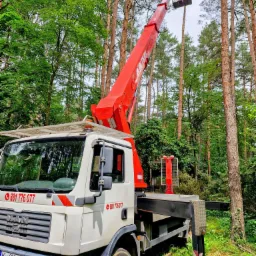 Ciężarówka z czerwonym podnośnikiem koszowym na tle drzew w Stanisławowie Pierwszym. Widoczny kosz na wysokości, sugerujący prace arborystyczne.