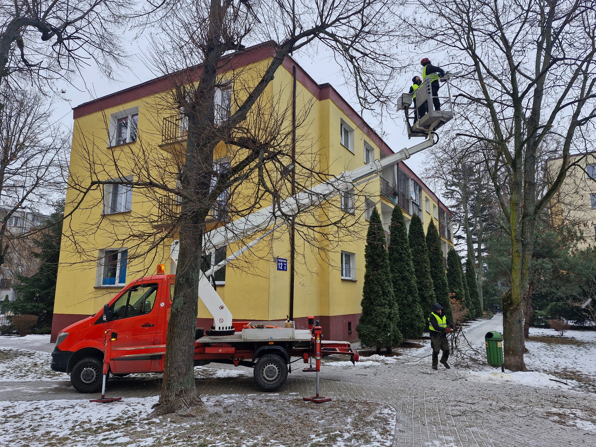 Czerwony podnośnik koszowy na tle żółtego bloku. Dwóch pracowników w koszu przycina gałęzie drzewa. Trzeci zbiera gałęzie obok kosza na śmieci. Zima.