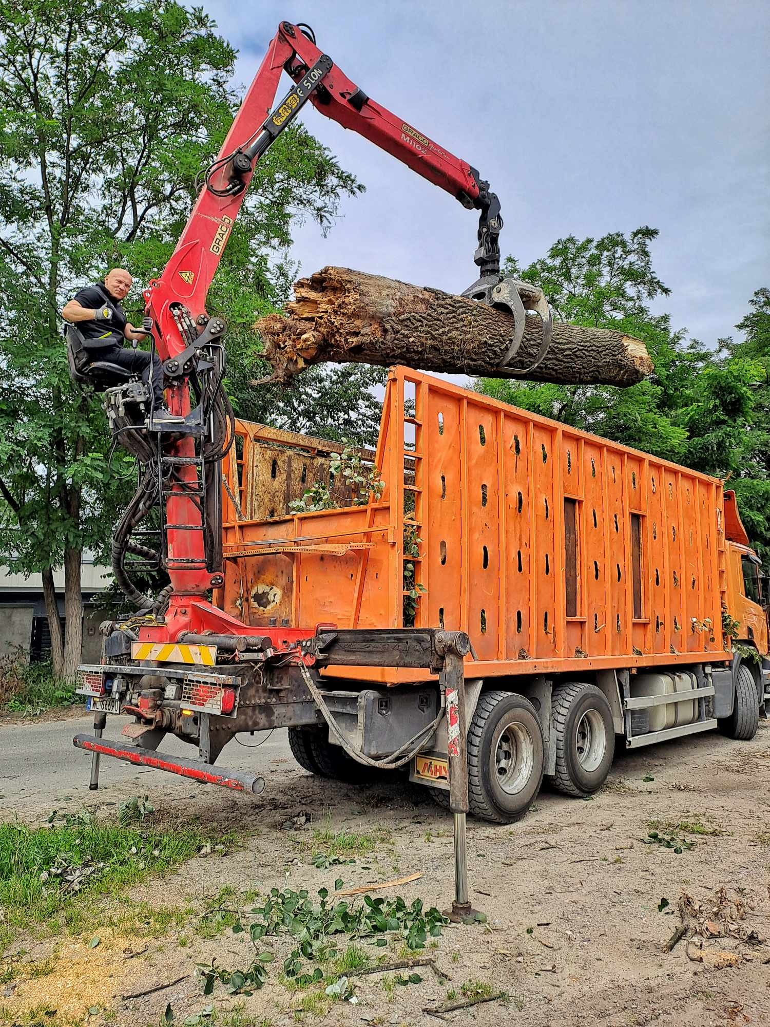 Pomarańczowy dźwig samochodowy z operatorem podnosi dużą kłodę drzewa nad skrzynią ładunkową. W tle zieleń drzew i fragment zabudowy.