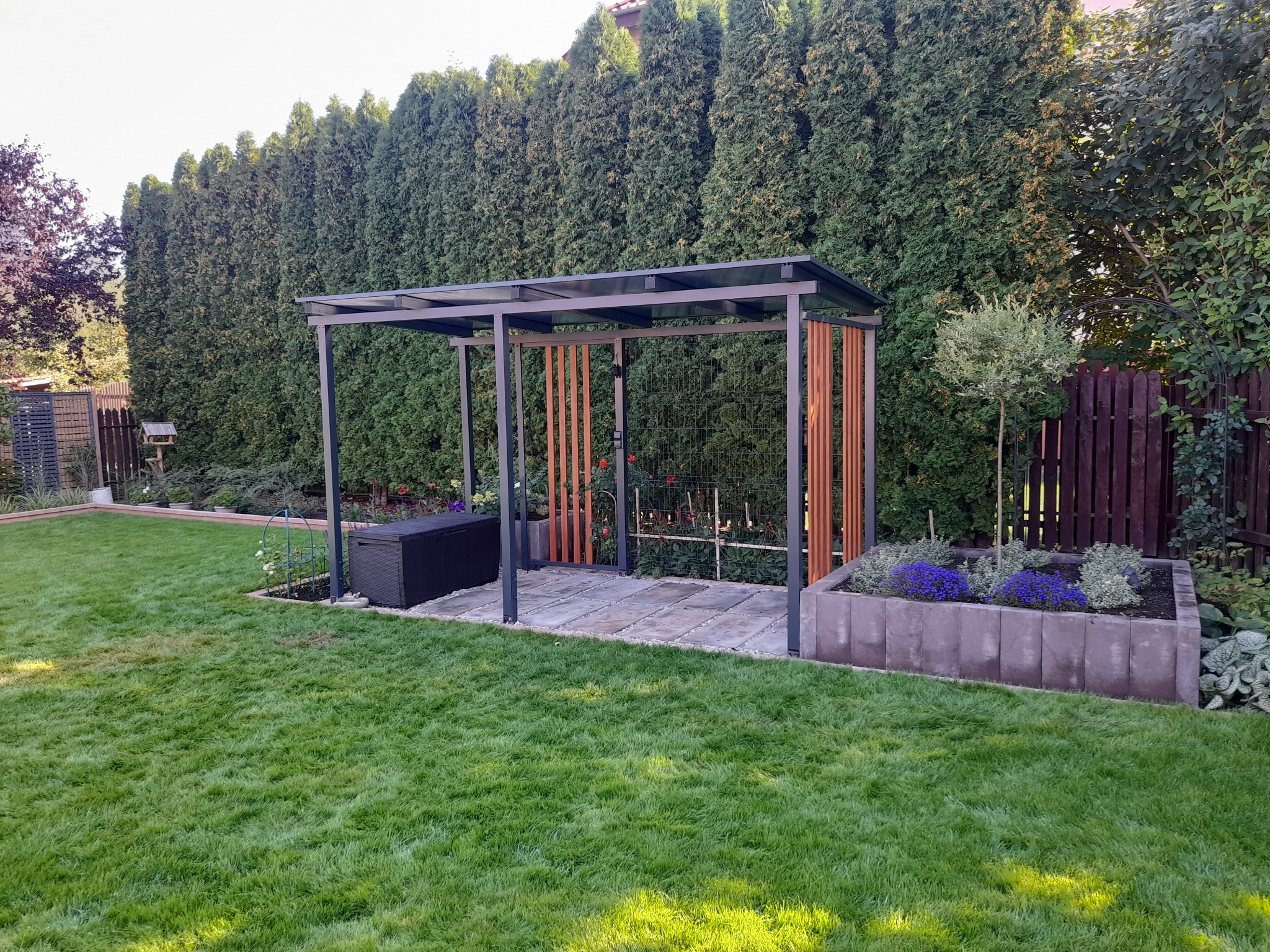 Nowoczesna, metalowa pergola z drewnianymi akcentami w ogrodzie, na tle wysokich tuj. Uwagę przykuwa minimalistyczny design i staranne wykonanie.