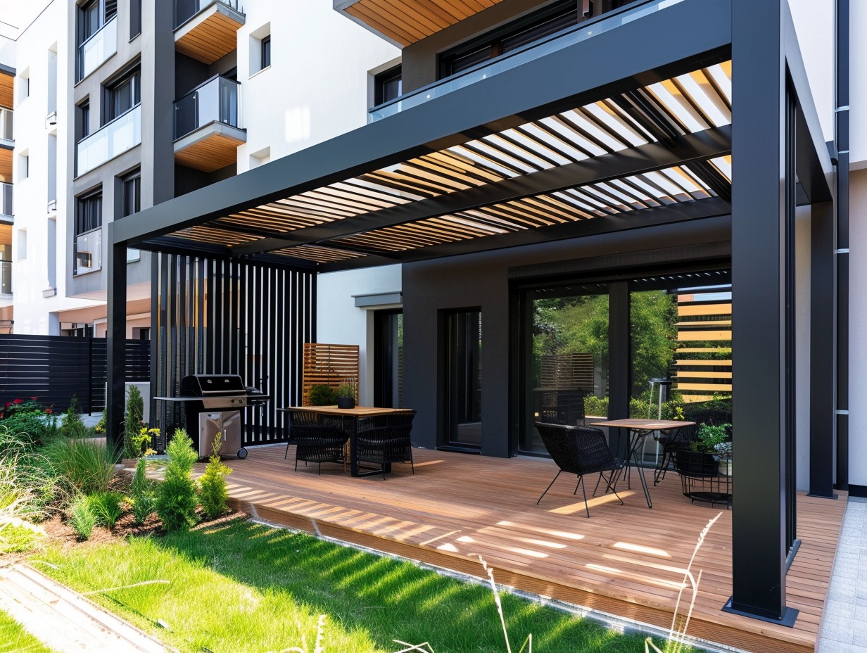 Nowoczesna, czarna pergola metalowa z drewnianymi lamelami na tarasie z desek kompozytowych, z grillem i meblami ogrodowymi na tle budynku.
