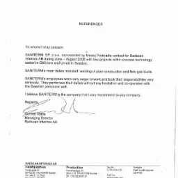 Skan referencji dla firmy Saniterm, potwierdzający realizację projektów spawalniczych rurociągów i przewodów spalinowych dla Radscan Intervex AB w Szwecji, podpisane przez Dyrektora Zarządzającego...