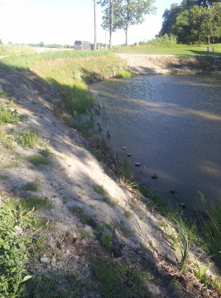 Wygląd wykopu pod zbiornik wodny w naturalnym krajobrazie. Widoczne umocnienia brzegów, ziemia i roślinność. W tle zieleń i zaparkowany samochód dostawczy.