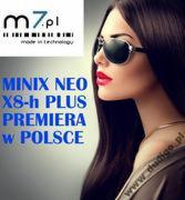 Grafika reklamowa MINIX NEO X8h PLUS z wizerunkiem kobiety w okularach przeciwsłonecznych i tekstem 'PREMIERA w POLSCE'.