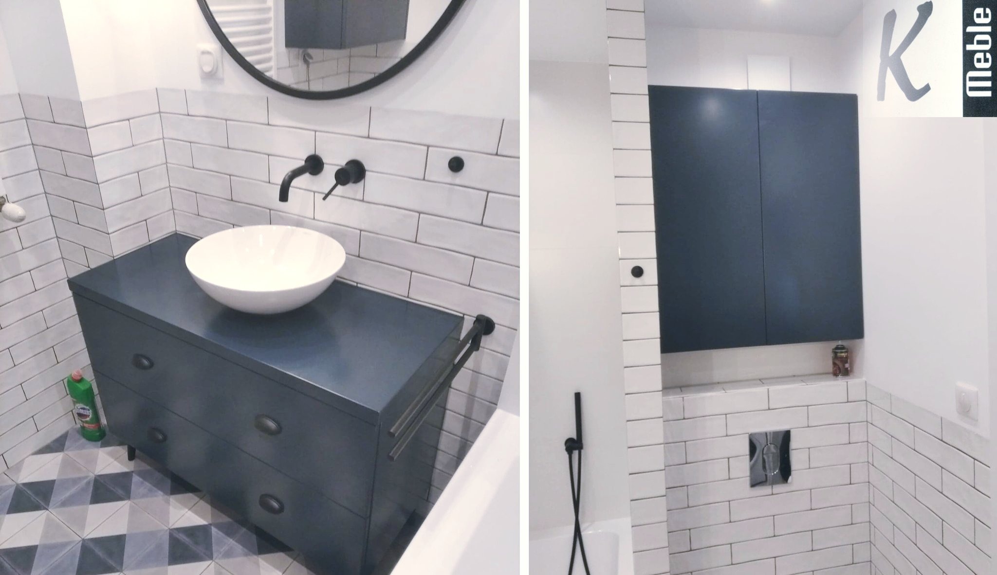 Nowoczesna łazienka z szarą szafką pod umywalką nablatową, czarną armaturą i geometryczną podłogą, widoczna również szafka wisząca i logo firmy na ścianie.