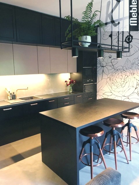Nowoczesna kuchnia z wyspą, ciemne szafki górne i dolne, jasne szafki środkowe, blat w kolorze ciemnego grafitu, trzy hokery z miedzianymi nogami, kwiaty w doniczce wiszące nad wyspą, na ścianie...