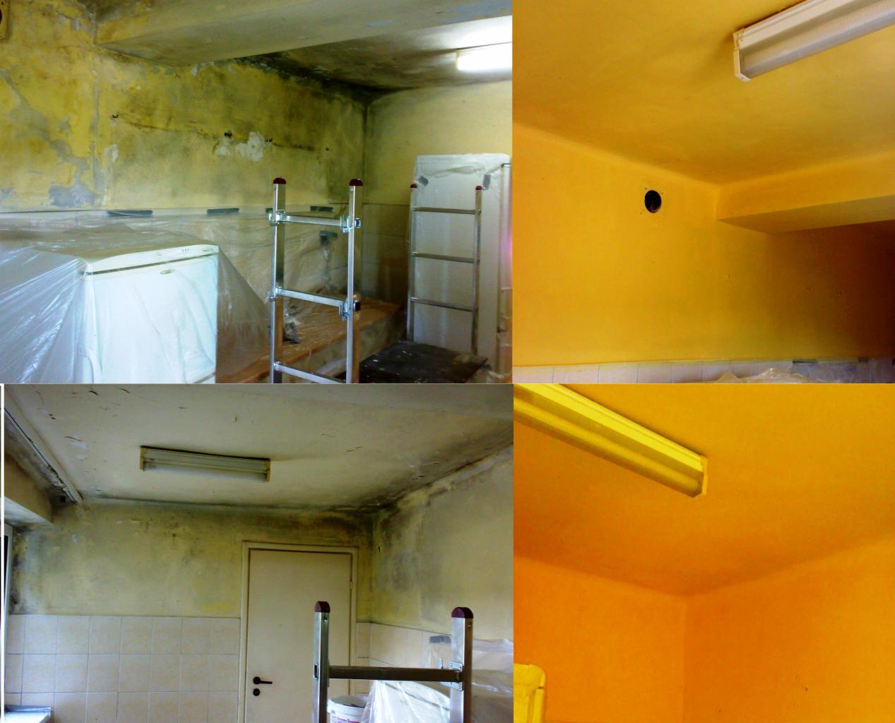 Kolaż: stan przed i po malowaniu pomieszczenia. Na 'przed' widoczne zabrudzenia i grzyb, na 'po' - świeża, żółta farba na ścianach i suficie.