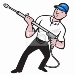 Karykaturalny mężczyzna w czapce, trzymający pistolet do mycia ciśnieniowego z wężem, w pozycji bojowej.