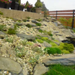 Skomponowany skalniak z kamieni i roślinności ozdobnej na zboczu w Obornikach Śląskich, z drewnianym ogrodzeniem w tle i donicami z kwiatami na górze.