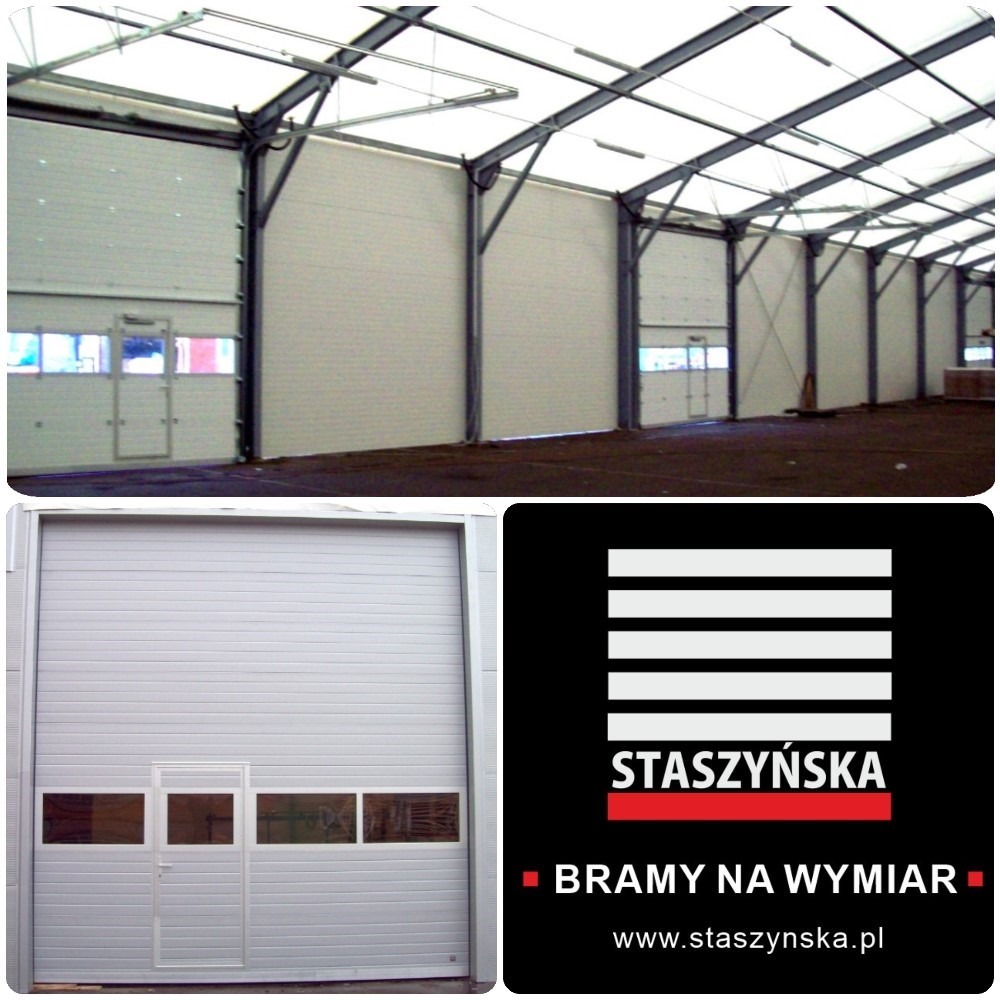 Wnętrze hali z zamontowanymi segmentowymi bramami przemysłowymi, jedna brama z drzwiami i oknami, oraz logo firmy 'Staszyńska Bramy na Wymiar'.