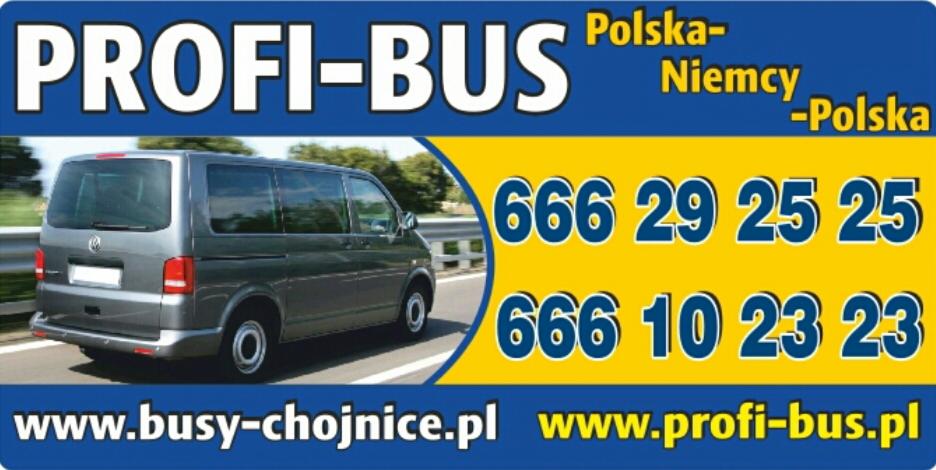 Szary bus firmy Profi-Bus na trasie Polska-Niemcy, z numerami telefonów i adresami stron internetowych busy-chojnice.pl i profi-bus.pl.