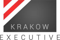 Logo firmy transportowej: szary trapez z napisem KRAKOW EXECUTIVE i czerwonymi pasami w lewym górnym rogu. Minimalistyczny design, nowoczesny font.