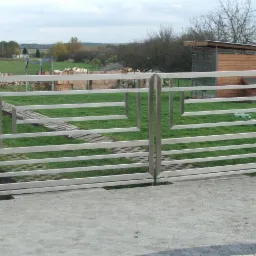 Nowoczesna, metalowa brama wjazdowa z poziomymi prętami i geometrycznym wzorem, osadzona na murowanych słupkach. Widok na trawnik i zabudowania w tle.