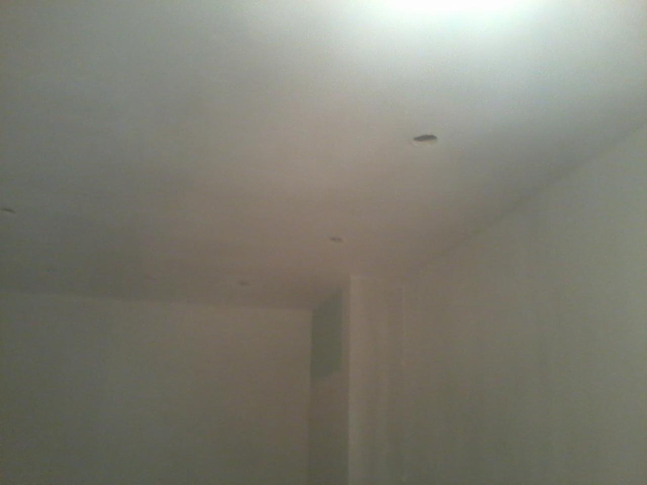 Pomalowane ściany i sufit w jasnym odcieniu z widocznymi otworami na oświetlenie punktowe. Świeżo wykończone wnętrze gotowe do montażu lamp.