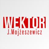 Czerwony logotyp firmy 'WEKTOR J.Mojżeszewicz' na białym tle. Prosty, czytelny krój pisma. Logotyp w kolorze czerwonym, umieszczony centralnie.