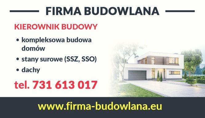 Grafika reklamowa firmy budowlanej oferującej kompleksową budowę domów, stany surowe i dachy. Widoczny nowoczesny dom jednorodzinny z garażem.