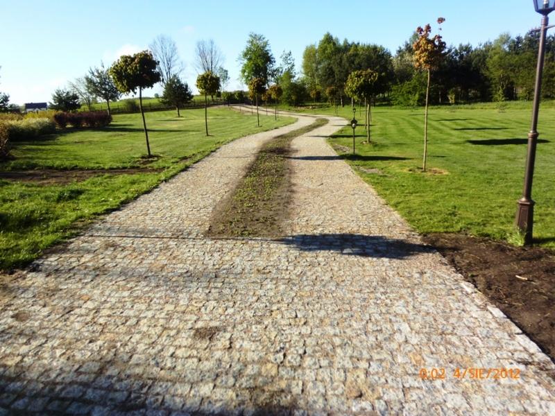 Zakrzywiona ścieżka z kostki granitowej prowadzi przez zielony trawnik z młodymi drzewkami i latarniami. Częściowo ukończona, z widocznymi świeżo obsypanymi brzegami.