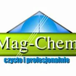 Logo firmy Mag-Chem z hasłem 'czysto i profesjonalnie' na białym tle. Zielono-niebieska kolorystyka, nowoczesny font.