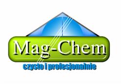 Logo firmy Mag-Chem z hasłem 'czysto i profesjonalnie' na białym tle. Zielono-niebieska kolorystyka, nowoczesny font.