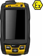 Żółto-czarny, wzmocniony smartfon przemysłowy i.safe MOBILE INNOVATION 2.0 z symbolem Ex na żółtym tle, oznaczającym certyfikację do pracy w strefach zagrożonych wybuchem.