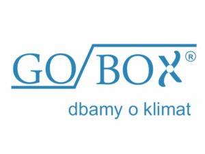 Logo GO/BOX w kolorze niebieskim z hasłem 'dbamy o klimat' na białym tle. Widoczny znak towarowy.