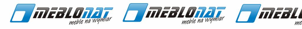 Logo firmy MEBLOMAT meble na wymiar, powtórzone trzykrotnie na białym tle. Dominują kolory niebieski i czarny.