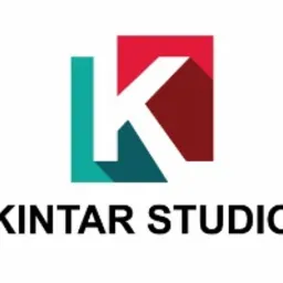 Logo firmy KINTAR STUDIO z dużą literą K na tle połączonych kwadratów w kolorach turkusowym i czerwonym, rzucających cień.