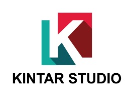 Logo firmy KINTAR STUDIO z dużą literą K na tle połączonych kwadratów w kolorach turkusowym i czerwonym, rzucających cień.