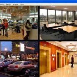 Cztery kadry z monitoringu: sklep z klientami, sala konferencyjna, parking z autami nocą, korytarz z windami i osobą w oddali.