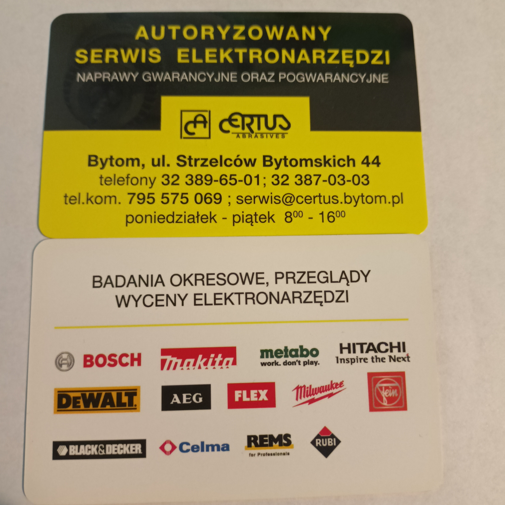 Wizytówka firmy Certus Abrasives z Bytomia, autoryzowanego serwisu elektronarzędzi, oferującego naprawy gwarancyjne i pogwarancyjne, badania okresowe, przeglądy i wyceny elektronarzędzi,...