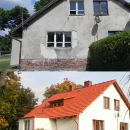 Porównanie stanu dachu przed i po renowacji: szary, zaniedbany dach kontra czerwona dachówka, odświeżona elewacja i nowe okna. Dom otoczony zielenią.
