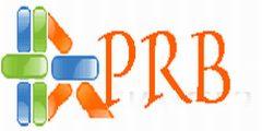 Kolorowe logo PRB z geometrycznym symbolem i pomarańczowym napisem, na białym tle. Logo firmy z branży usług.