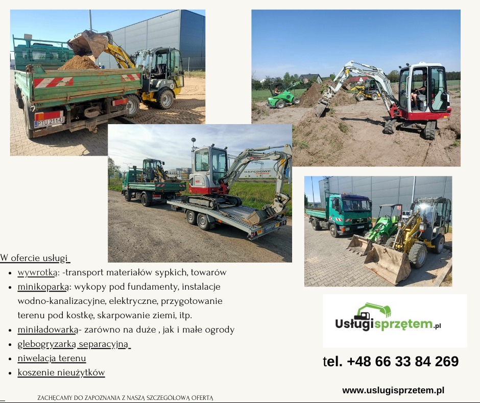 Zestawienie miniładowarek, minikoparek i wywrotki. Sprzęt budowlany w różnych ujęciach, prezentujący usługi transportu i prac ziemnych. Widoczny napis uslugi sprzetem.pl.