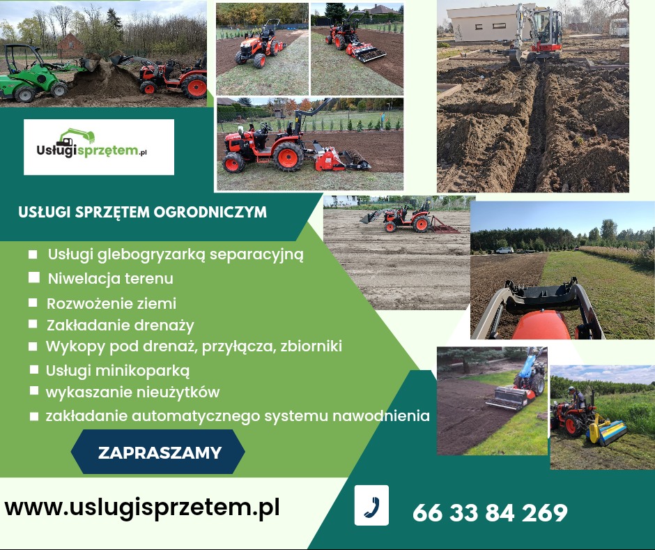 Kompozycja zdjęć prezentująca usługi sprzętem ogrodniczym: niwelacja terenu, wykopy pod drenaż, glebogryzarką separacyjną, minikoparką, systemy nawadniania.