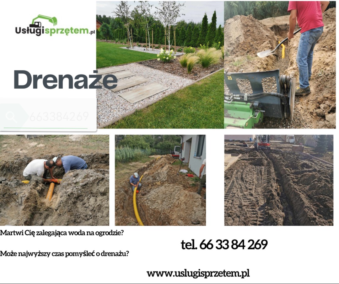 Prace drenażowe: układanie rur w wykopie, widok na ogród z elementami drenażu, minikoparka i pracownicy. Realizacja systemu odprowadzania wody.