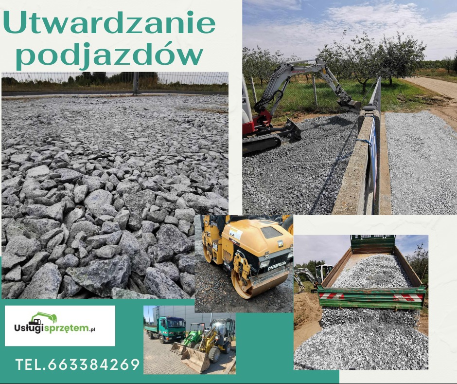 Utwardzony podjazd z użyciem miniładowarki i walca drogowego. Na pierwszym planie kamienie, w tle krajobraz i maszyny budowlane. Utwardzanie podjazdów.