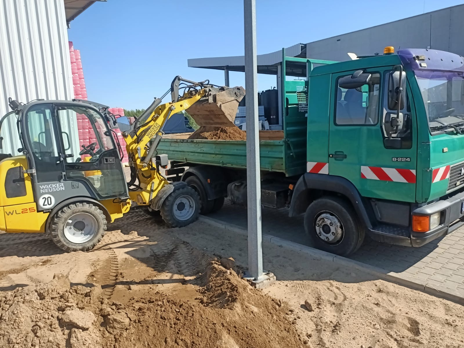 Żółta miniładowarka Wacker Neuson nabiera piasek i wysypuje go na pakę zielonej ciężarówki MAN na tle budynku o jasnych ścianach i niebieskiego nieba.