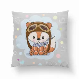 Dekoracyjna poduszka z nadrukiem rysunkowego lisa w czapce pilota i szaliku na tle chmury i kropek.