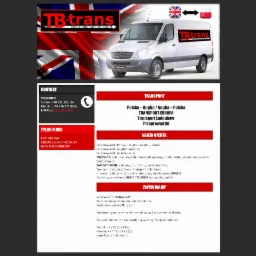 Grafika reklamowa firmy transportowej TB-trans z białą furgonetką Sprinter na tle flagi Wielkiej Brytanii i symbolami flag Polski i Wielkiej Brytanii wskazującymi kierunek transportu.