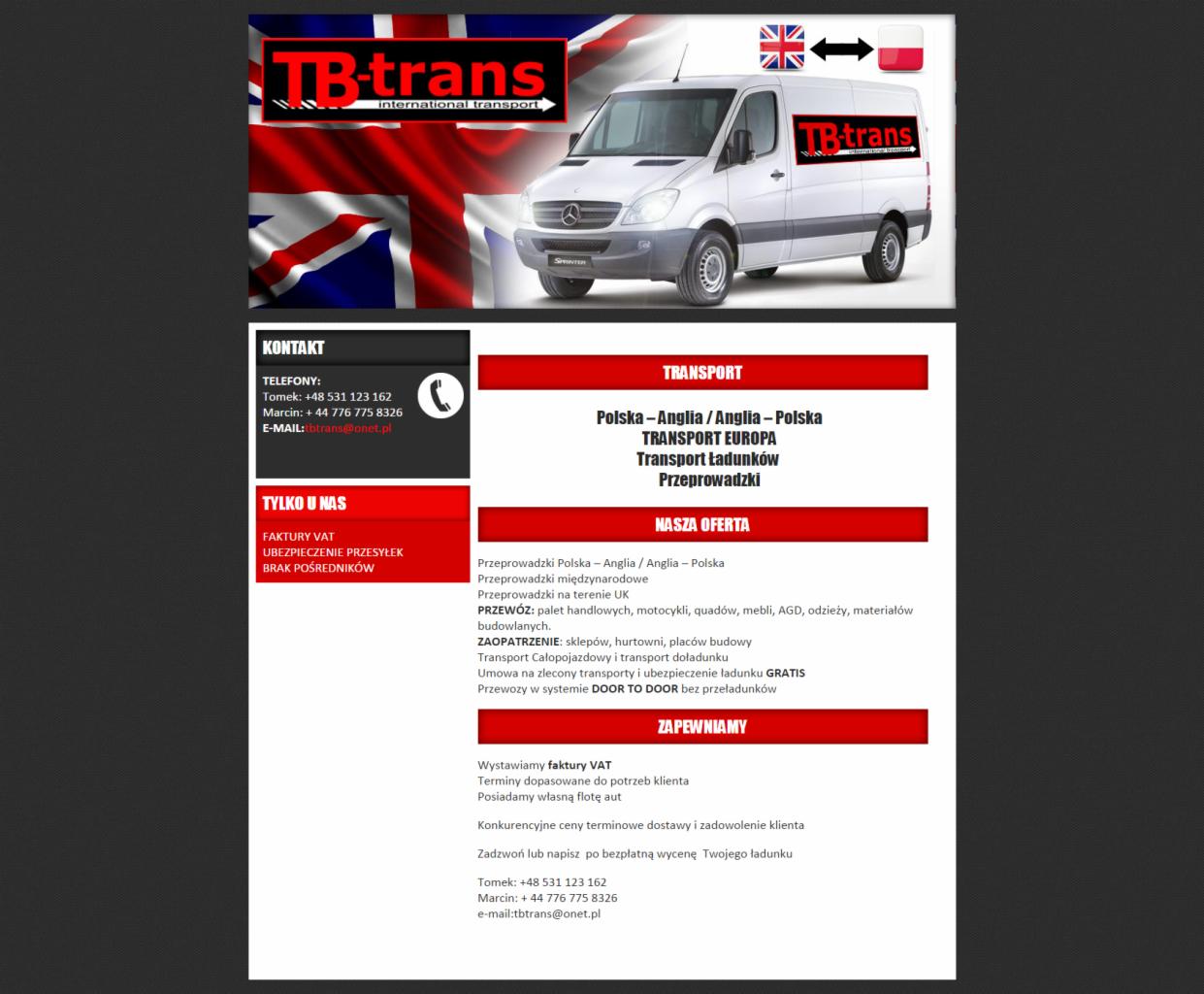 Grafika reklamowa firmy transportowej TB-trans z białą furgonetką Sprinter na tle flagi Wielkiej Brytanii i symbolami flag Polski i Wielkiej Brytanii wskazującymi kierunek transportu.