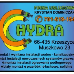 Grafika firmy hydraulicznej 'HYDRA' z ofertą montażu instalacji, numerem telefonu i adresem. Logo z rur w kolorach pomarańczowym, żółtym i zielonym.